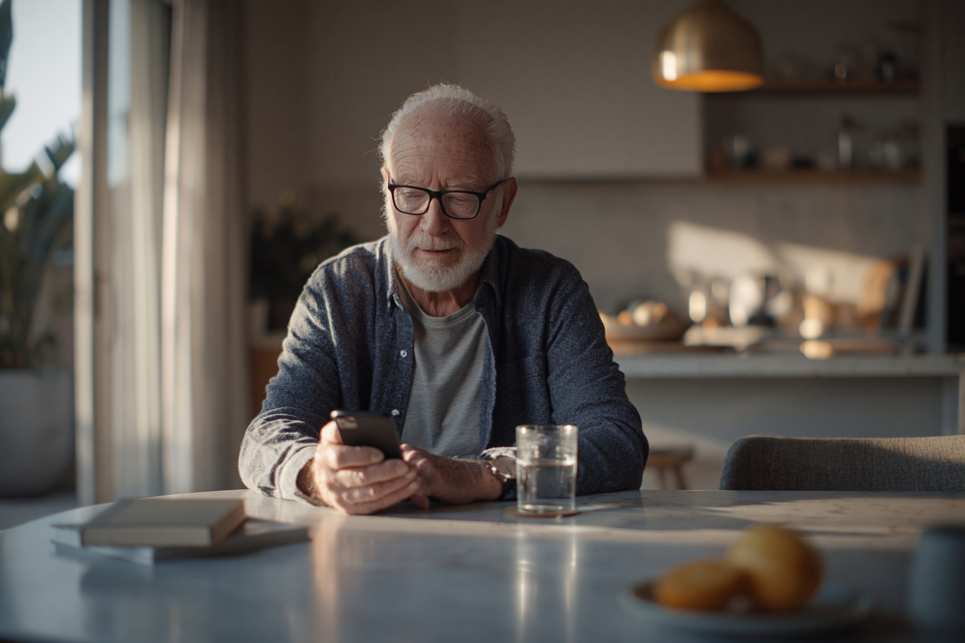Senior man carefully reviewing his smartphone with reading glasses